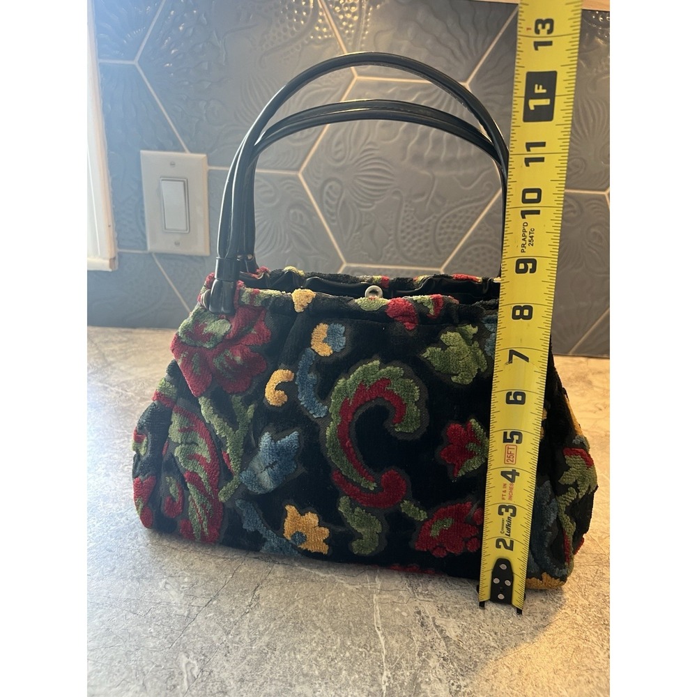Vintage Floral Chenille Handbag Black Tapestry Carpet Bag Purse Double Handle - Picture 16 of 16